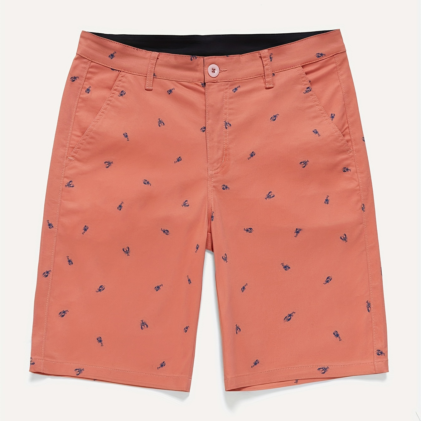 

Men's Casual Crayfish Pattern Print Shorts, Summer Fashion Breathable Cotton Blend Waistband Button Knee-length Beachwear