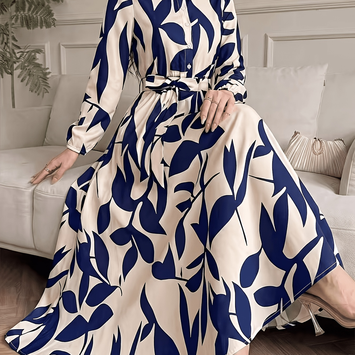 Women's Elegant Printed Gauze Stand Collar Waist Cinch Elastic Belt Long Sleeve Long Dress
