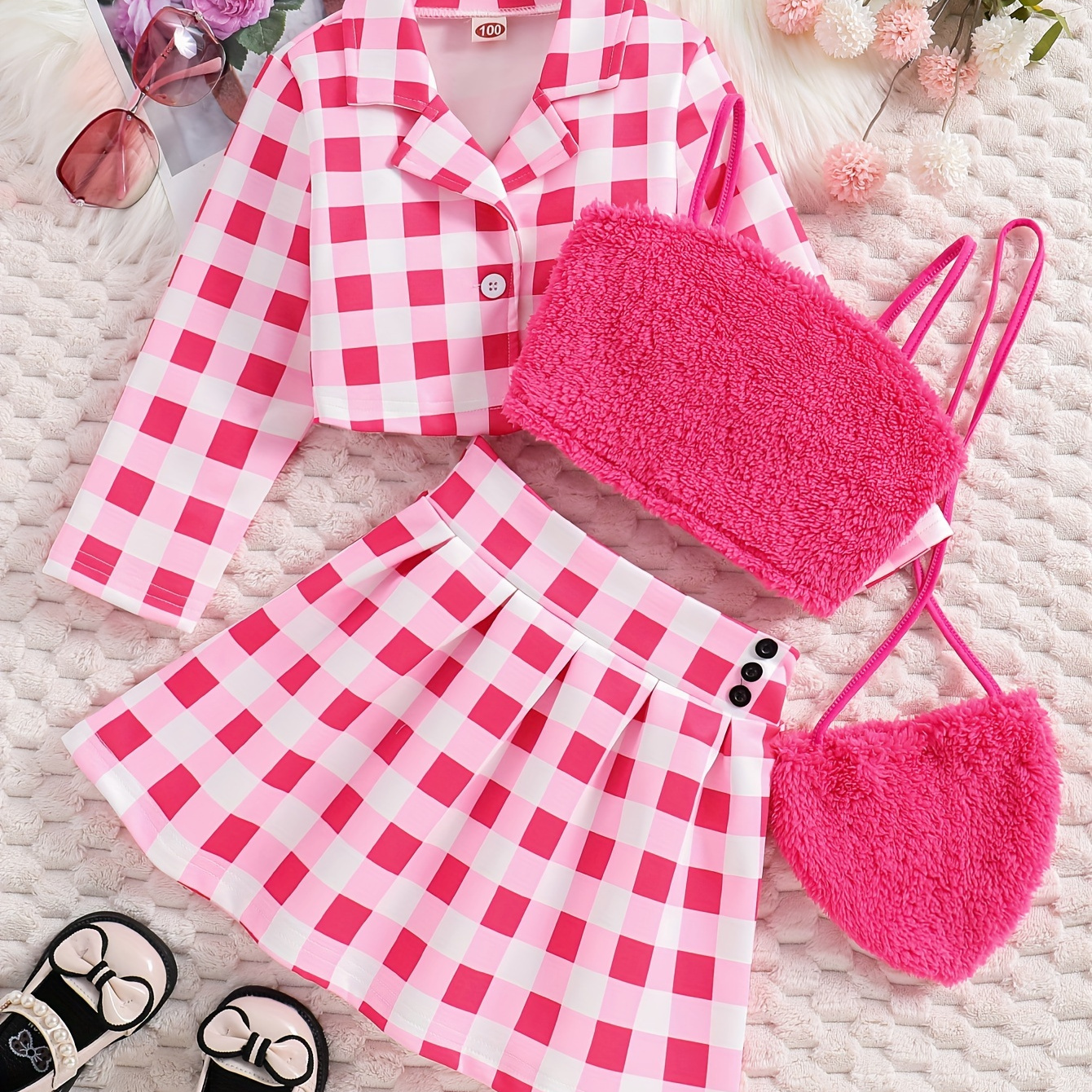 TEMU 4pcs Toddler Girls Sweet Plaid Jacket + Tank Top + Skirt + Bag Set Spring Fall Gift, K-pop