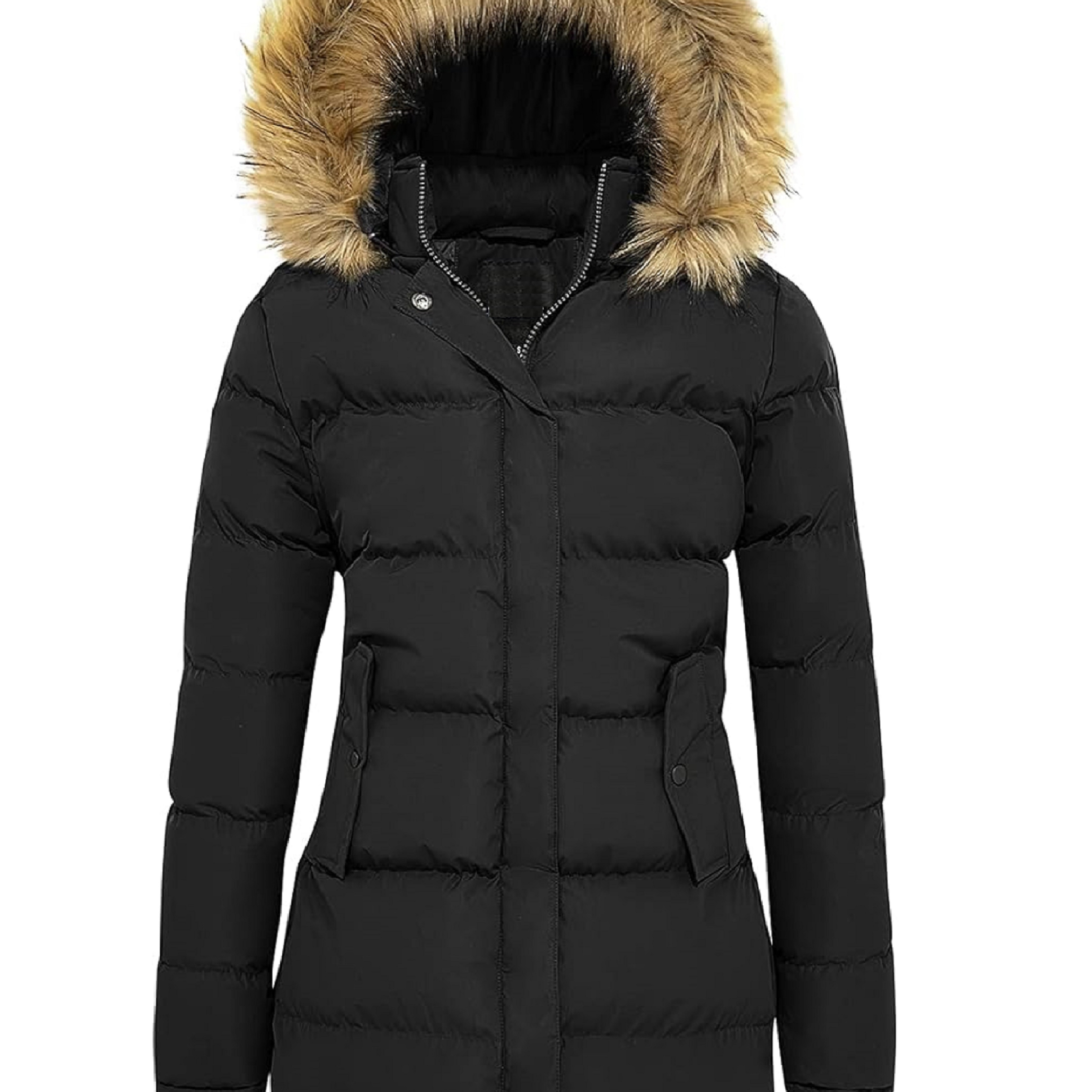 

Women's Fur Hood Puffer Coat With Removable Hooded Long Puffer Jacket Lightweight Full-zip Puffer Jacket Size Small To Xx-large