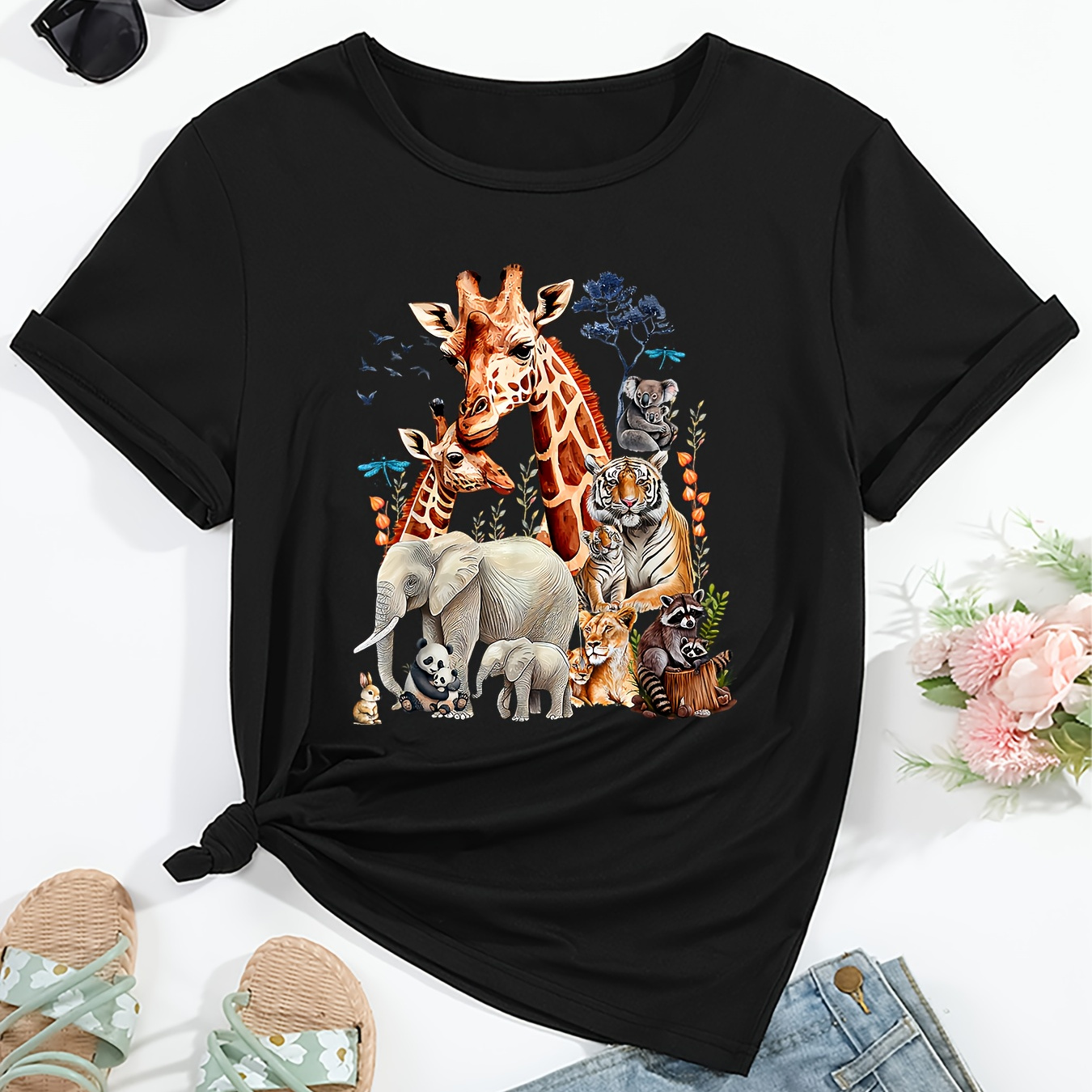 

Women's Casual Zoo Animals Print T-shirt, Short Sleeve, Crew Neck, Soft Fabric, Relaxed Fit, Wildlife Jungle Graphic Tee For Birthday Party & Daily Wear