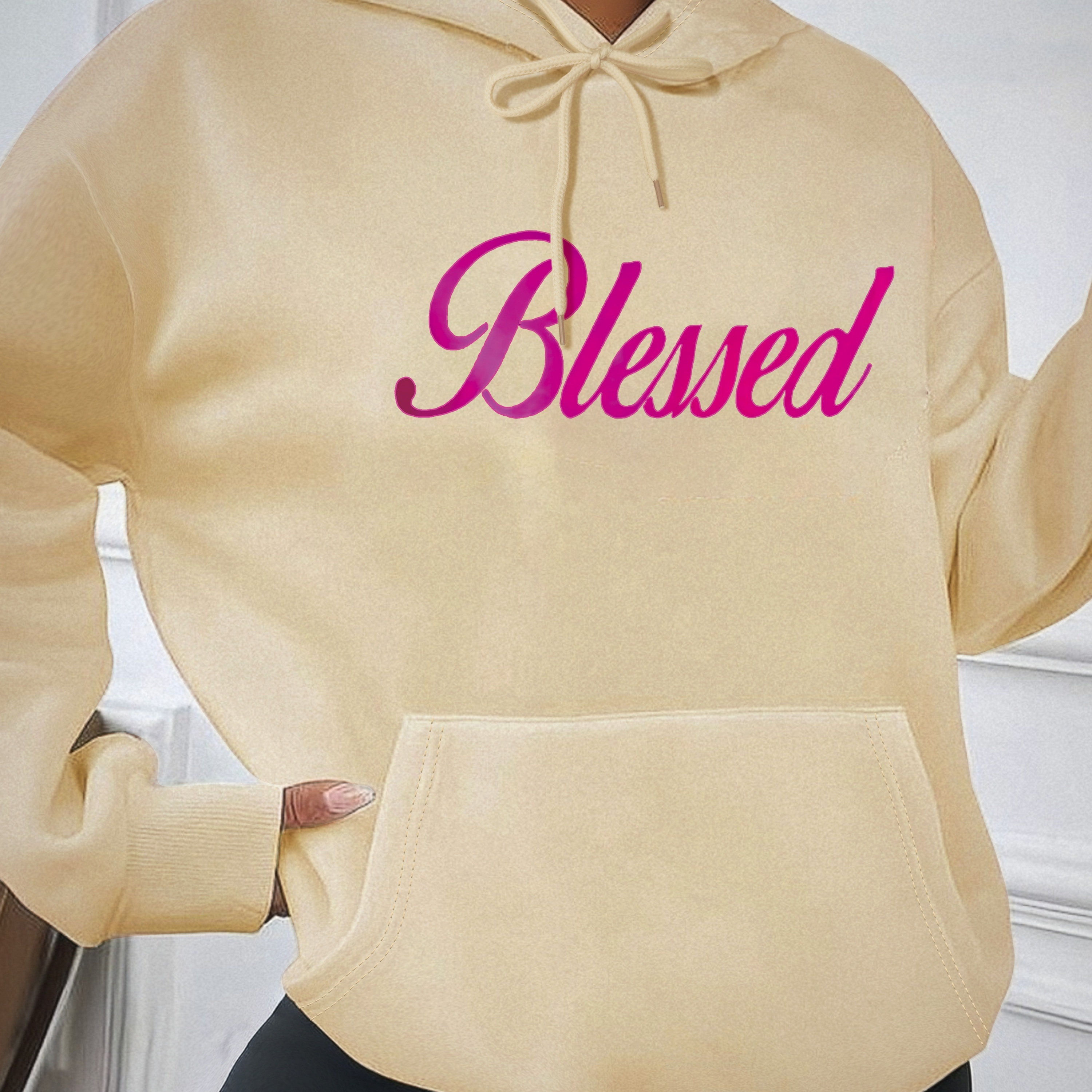 

Chic Pink 'blessed' Letter Print Hoodie - Casual Women's Pullover With Drawstring, Polyester , Machine Washable