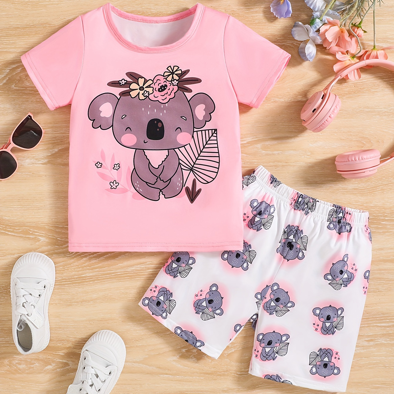 

2pcs Girls Summer Cozy Pajama Set – Cute Cartoon Koala Pattern Print Short Sleeve T-shirt Top & Short Set, Comfy Breathable Pj Set, Children's Easy-care Sleepwear Outfit