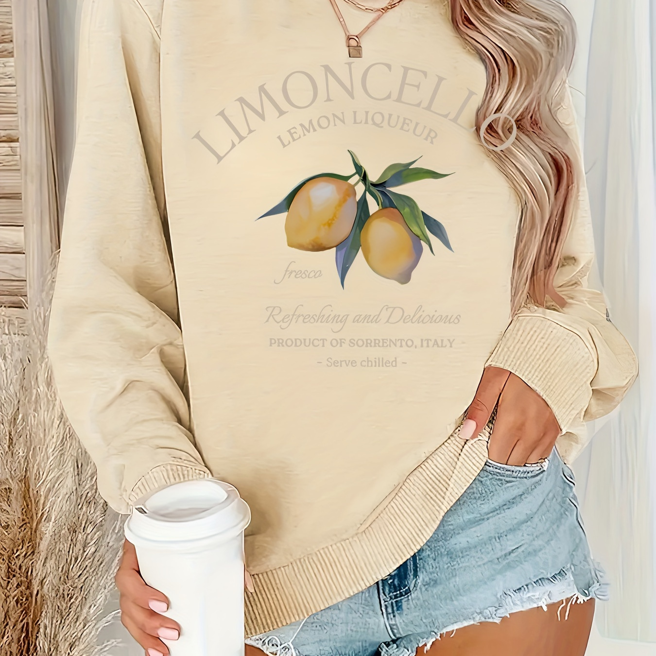 

Women's Casual Lemon Print Sweatshirt - Crew Neck, Long Sleeve, Polyester , Machine Washable - Fall & Winter