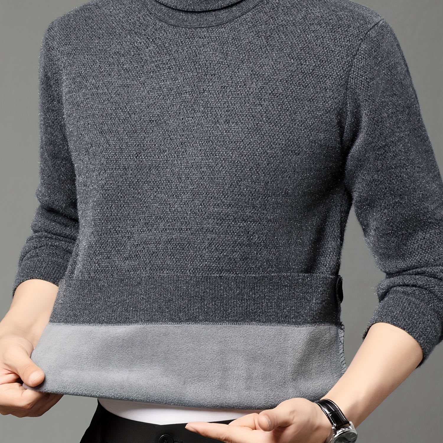 

Men' Fleece Knitted Pullover, Casual Long Sleeve Turtle Neck Warm Sweater For