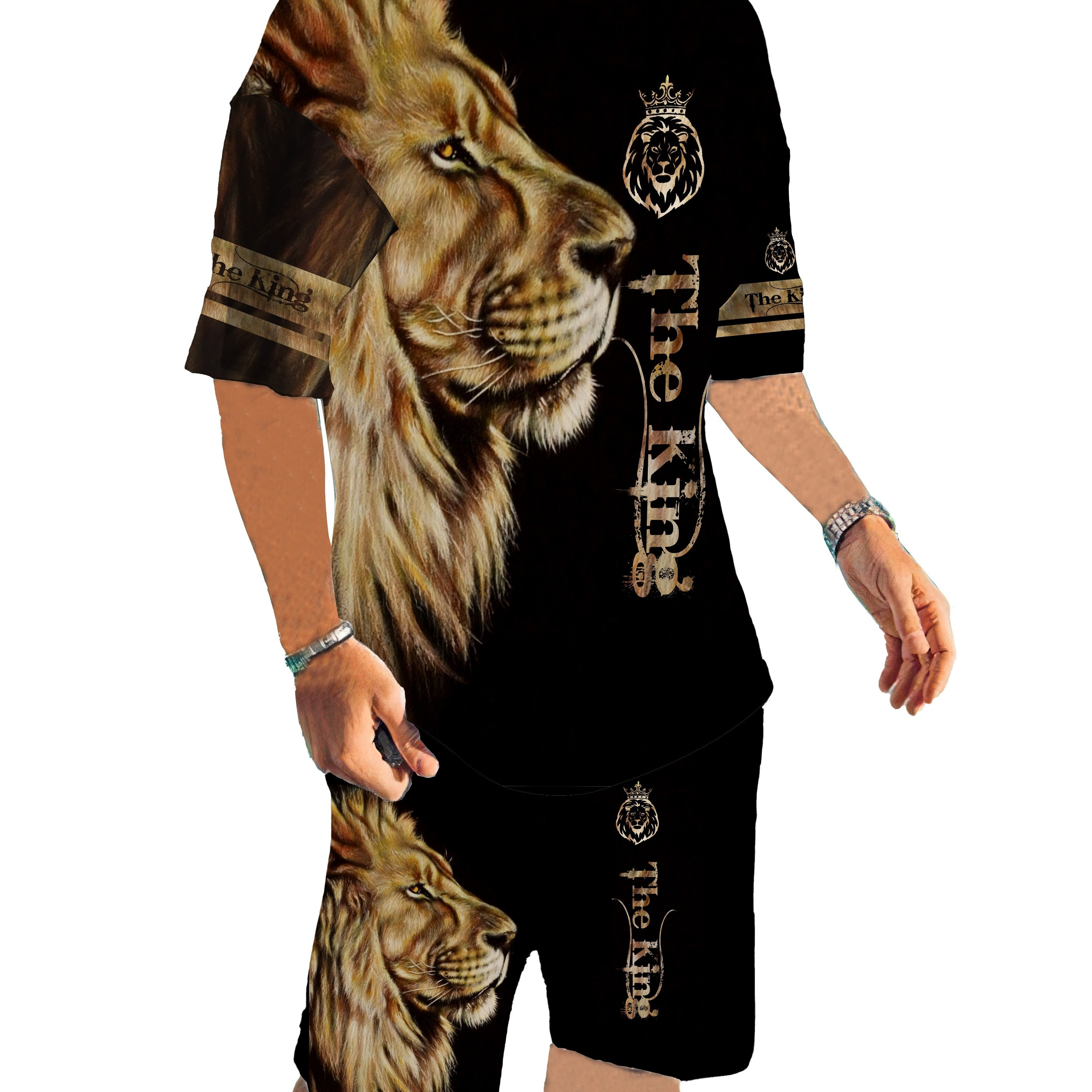 

Men's Novelty Pajamas Loungewear Set, Sportswear 2 Piece Tracksuit, Lion Print Casual Graphic T-shirts Tops & Shorts, Men's Summer Clothes