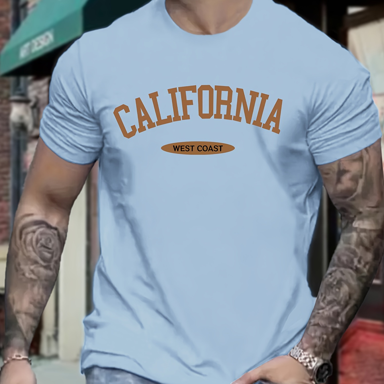 

California Print Men's Plus Size T-shirt, Casual Sporty Style, Summer Daily Wear And Outdoor Activities Top For Big & Tall Males