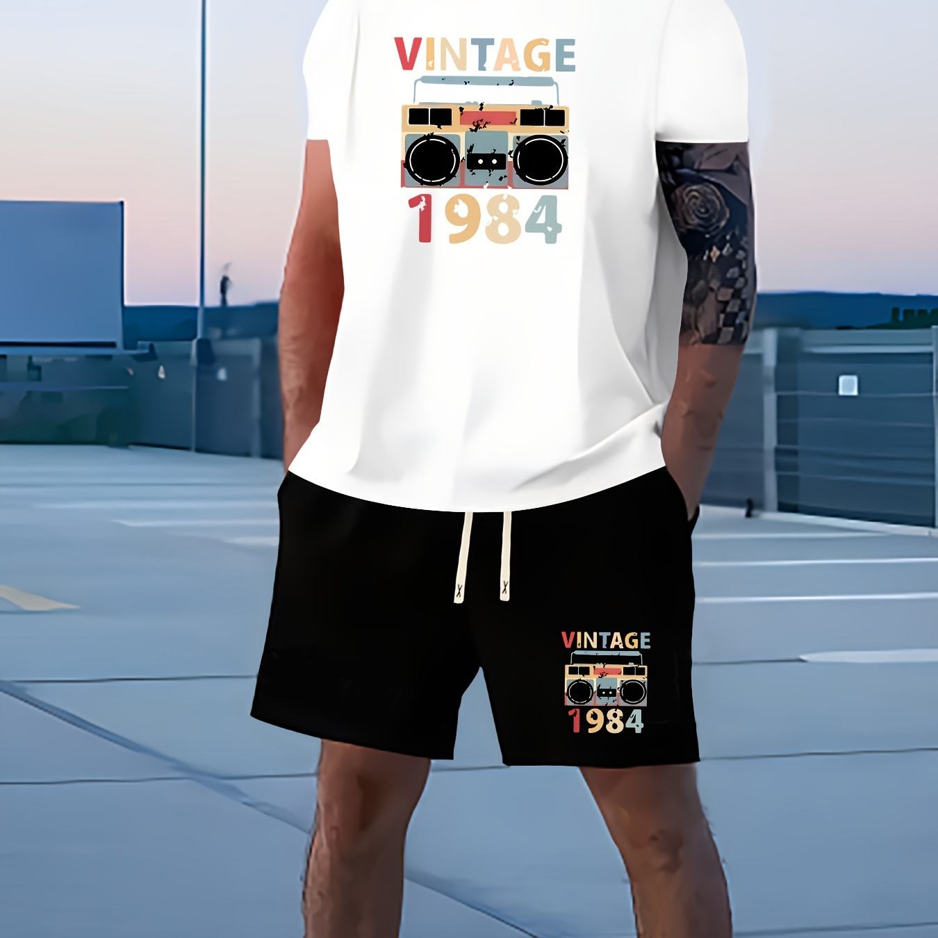

2pcs Vintage 1984 Pattern Print Short Sleeve Round Neck T-shirt & Jogger Shorts Set, Comfy Outfits For Men, Sports Summer Clothes