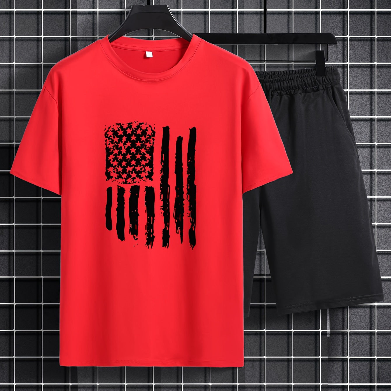 

Faded Flag Print, Mens 2 Piece Outfits, Comfy Short Sleeve T-shirt And Casual Drawstring Shorts Set For Summer, Men's Clothing