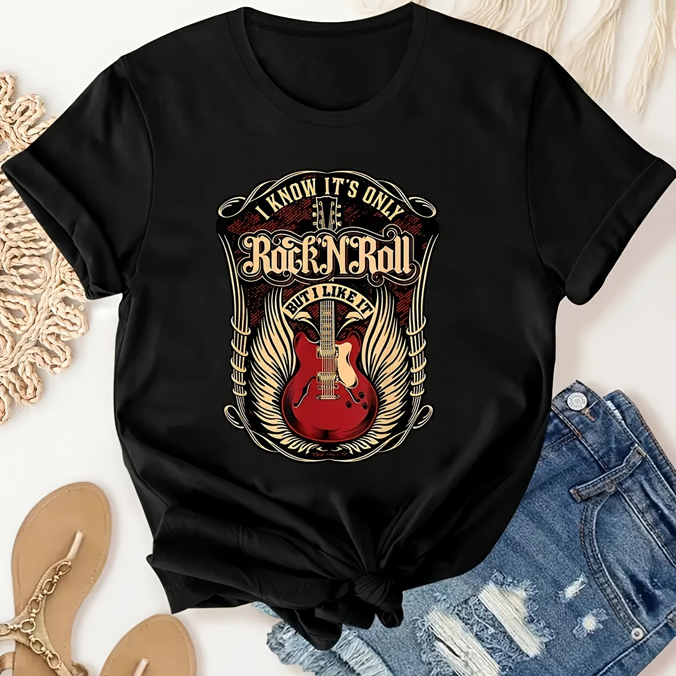 

Rock & Roll Print T-shirt, Short Sleeve Crew Neck Casual Top For Summer & Spring, Women's Clothing