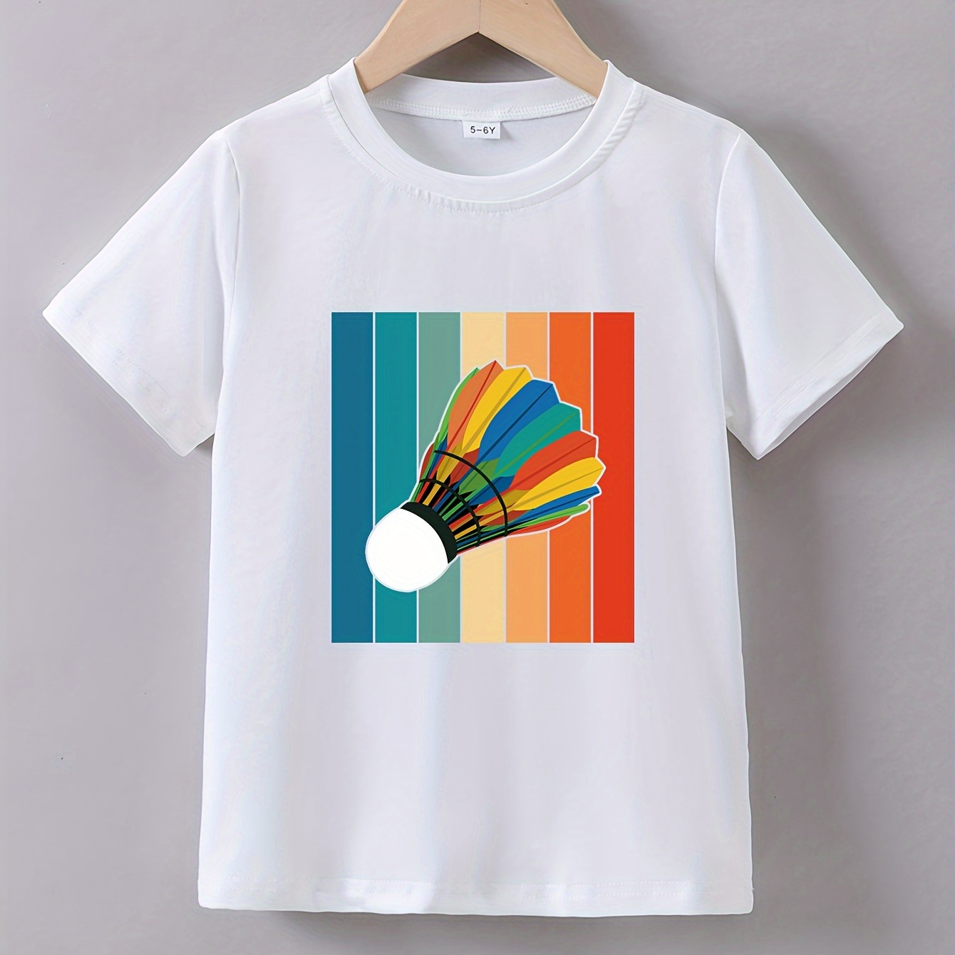 

Badminton Print Boy's Casual T-shirt, Vibrant Comfortable Short Sleeve Top, Boys Summer Clothing