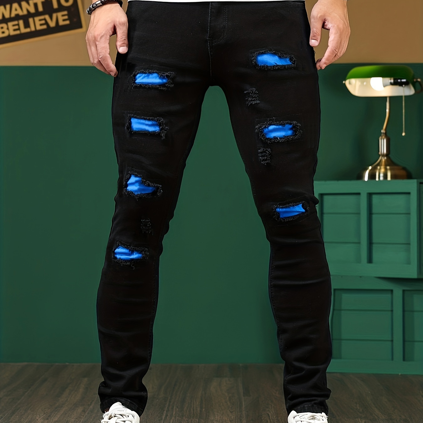 Slim Fit Ripped Jeans, Men's Casual Stretch Street Style Denim Pants With Pockets