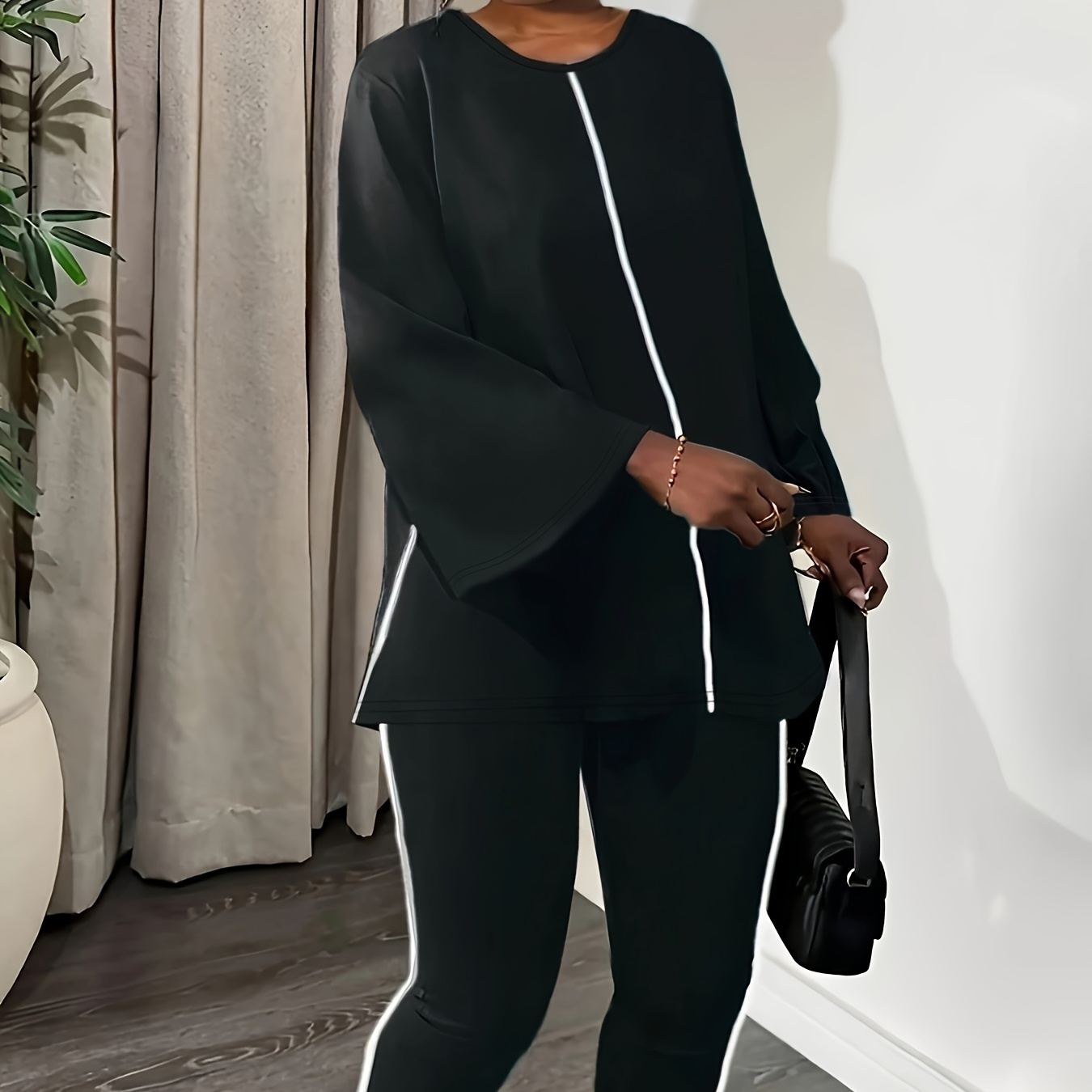 

Casual Plus Size Sports Suit With Long Sleeve Top And Pants Set, Polyester , Machine Washable