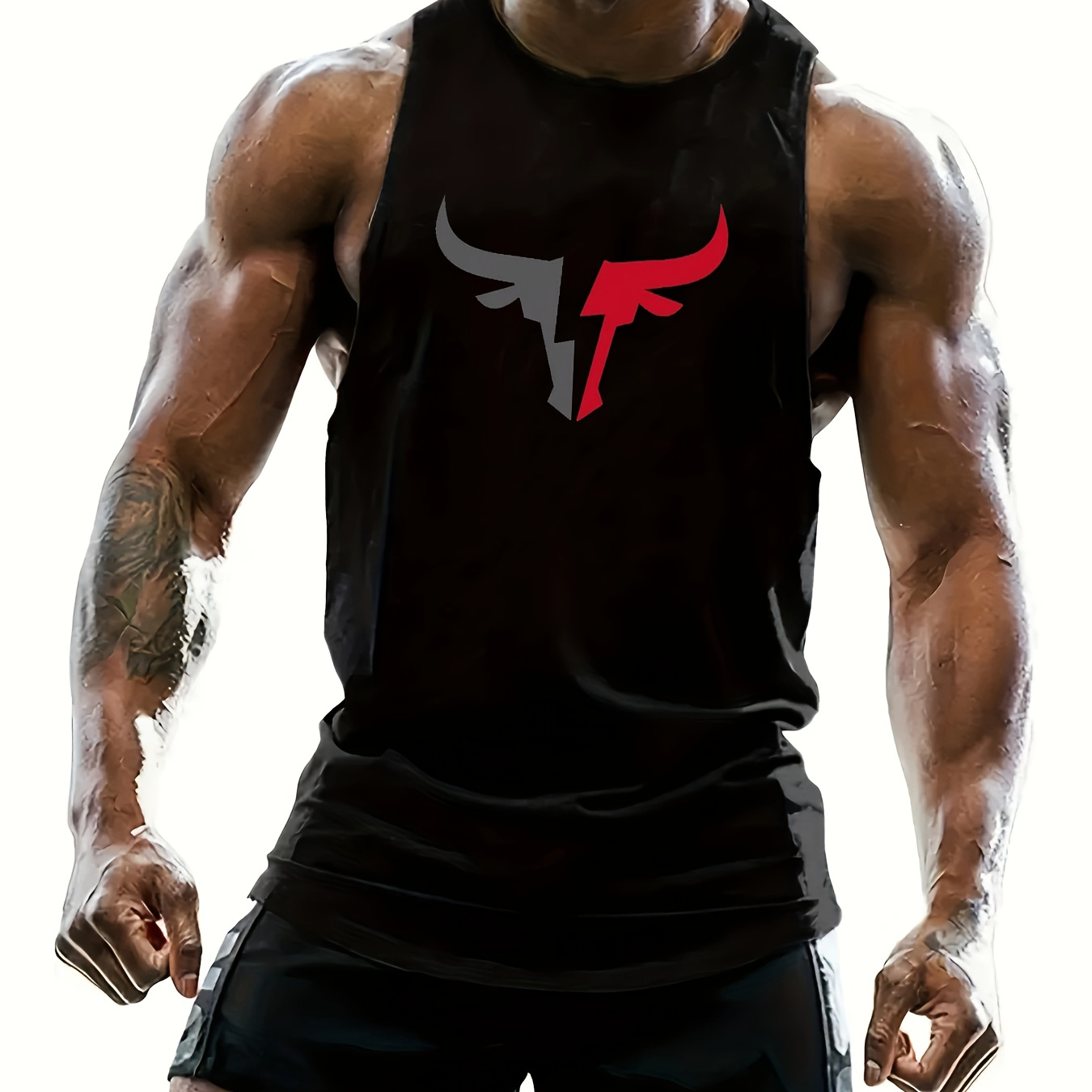 

Men's Bull Head Graphic Logo Design Tank Top, Active Quick Dry Slightly Stretch Crew Neck Sleeveless Shirt, Men's Clothing For Gym Workout And Sports Training