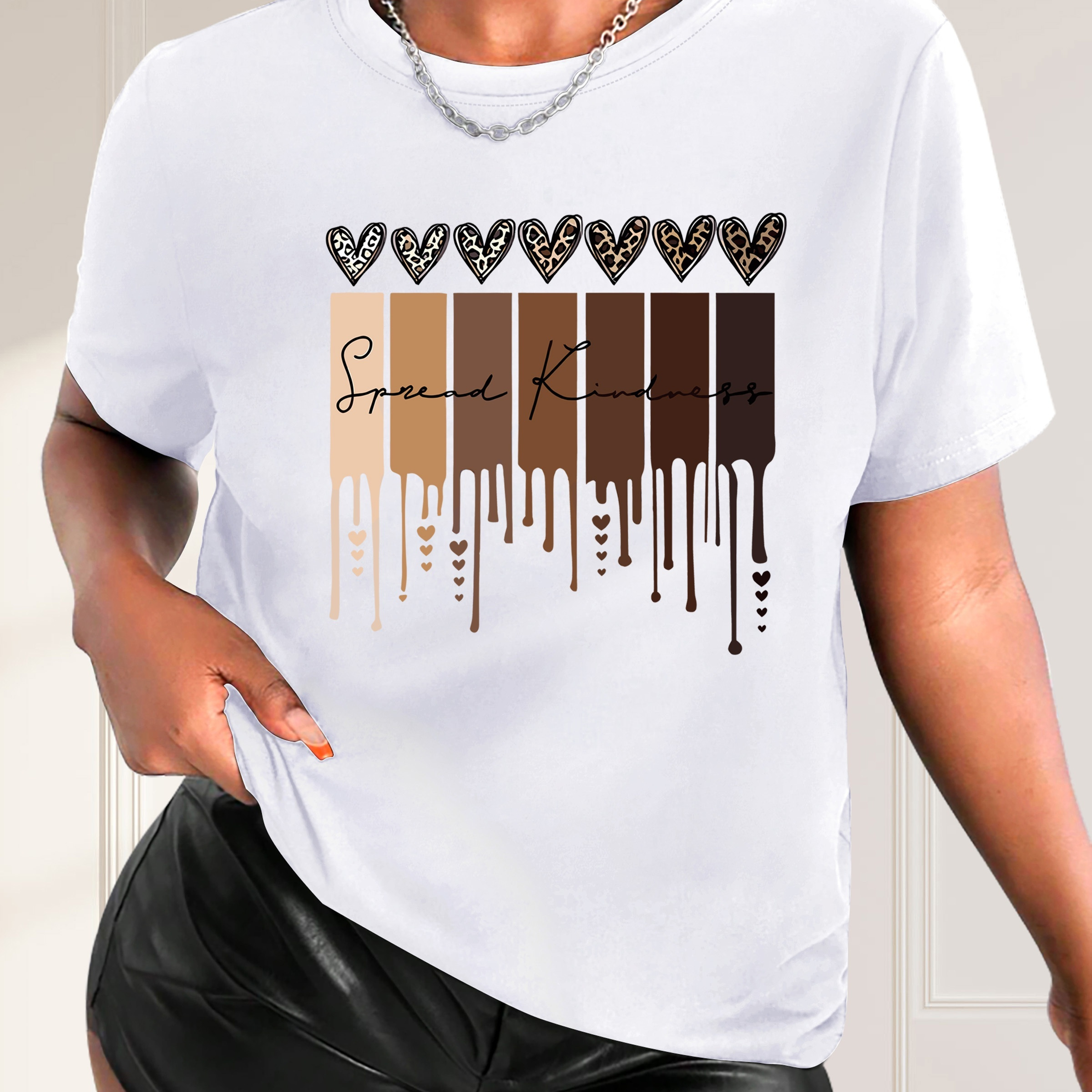 

Heart Print Casual T-shirt, Crew Neck Short Sleeves Pullover Sports Tee, Women's Comfy Tops