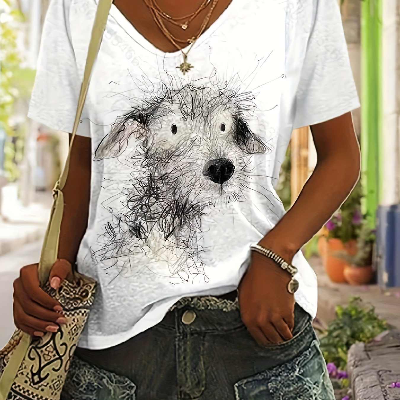 

Dog Print V Neck T-shirt, Casual Short Sleeve Top For Spring & Summer, Women's Clothing