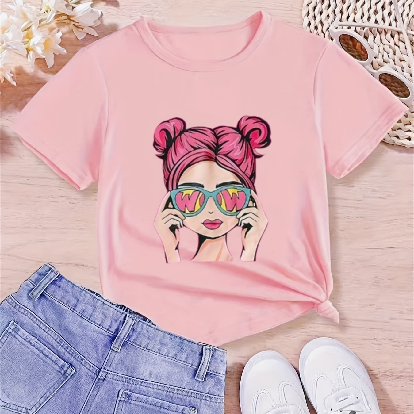 

Girls' Fashionable Casual T-shirt With Cool Girl Print, Comfortable Round Neck Tee For Spring/summer, Perfect Clothing Gift