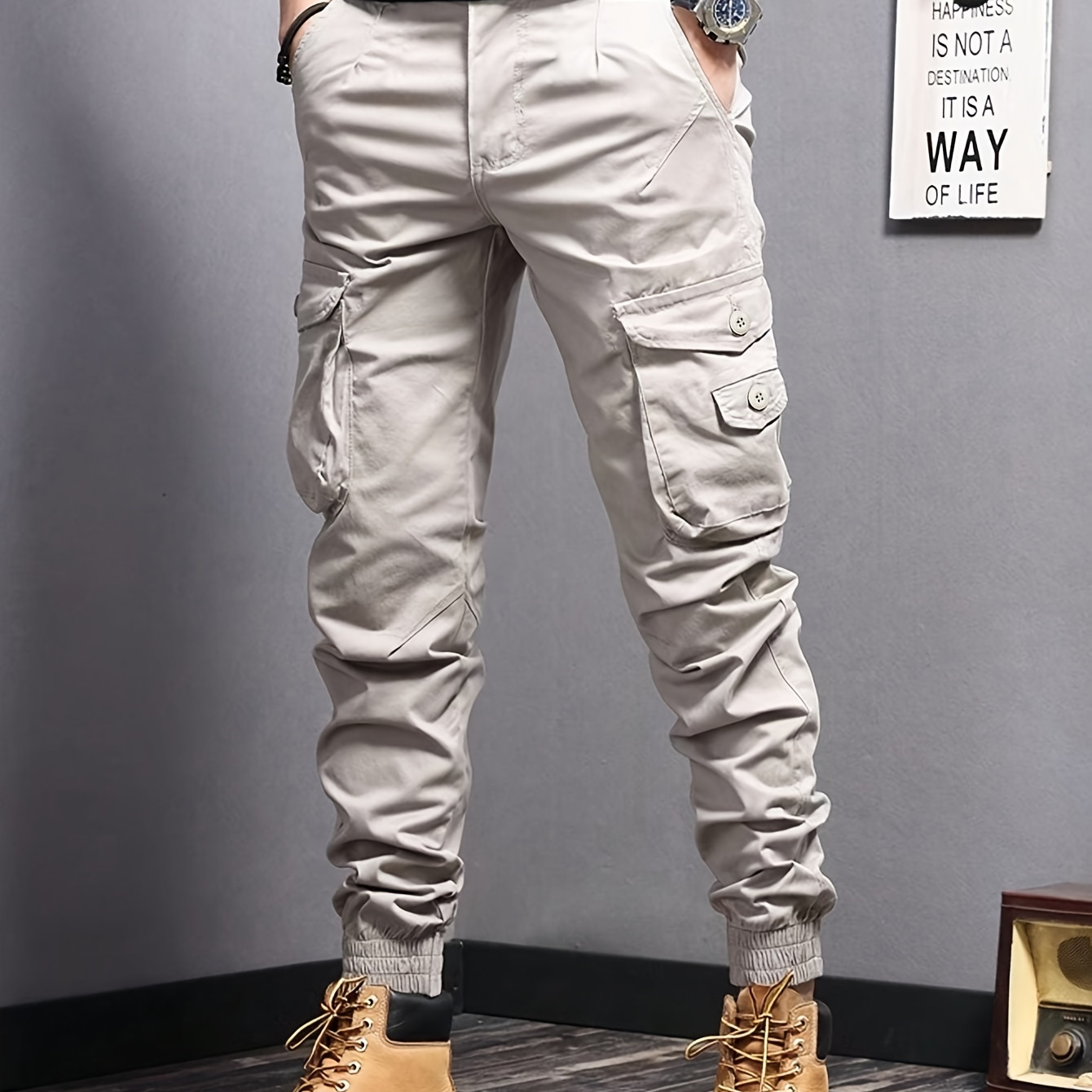 

Men's Trendy Solid Color Cropped Cargo Pants With Side Pocket, Comfy Casual Regular Fit Trousers For Men's Outdoor Activities