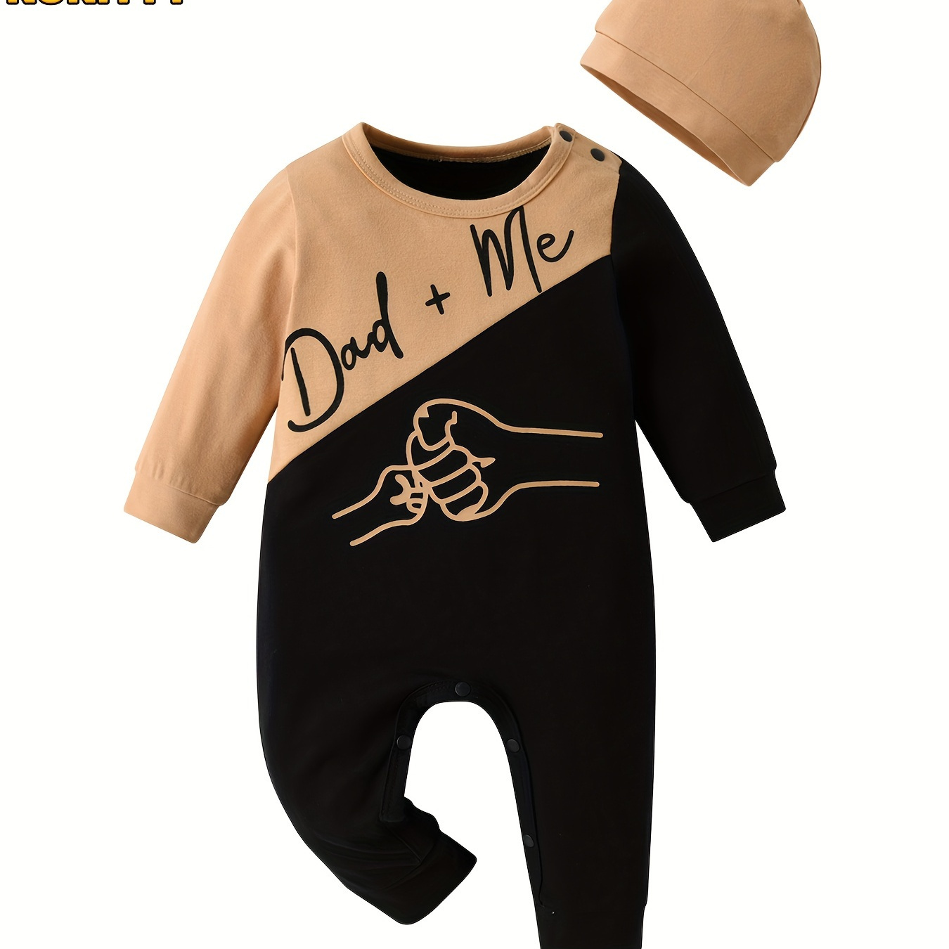 

Kukitty Newborn Baby Boy Romper "dad + Me" Print Long Sleeve Spliced One-piece Jumpsuit With Hat