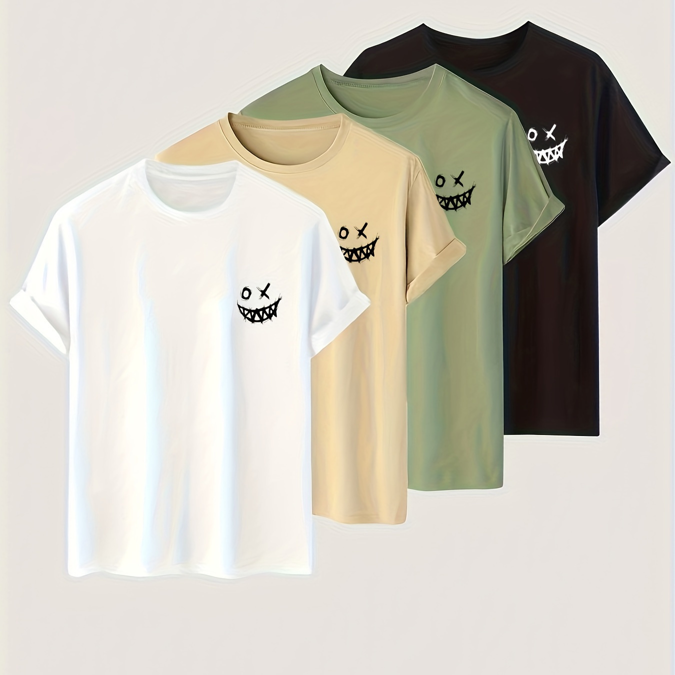 

4 Pcs Men's Smiling Face Print T-shirt, Casual Comfy Crew Neck Tee, Men's Clothing For Summer Outdoor