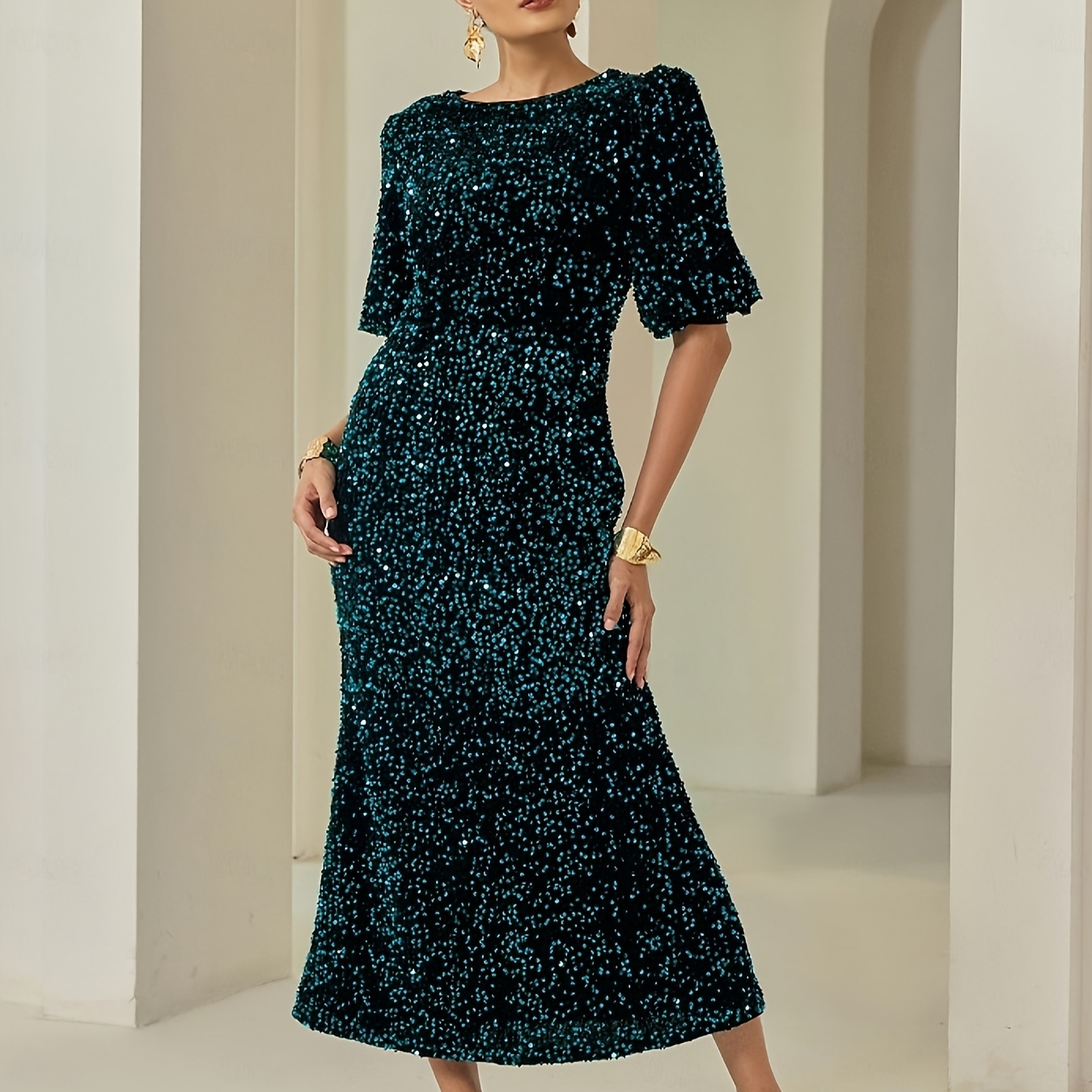 

Elegant Solid Velvet Sequin Puff Sleeve Elegant Long Dress