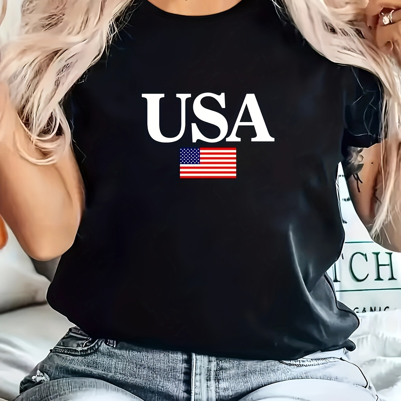 

Usa Flag Print Round Neck T-shirt, Fashion Casual Stretch Short Sleeve Sport T-shirt, Women's Clothing