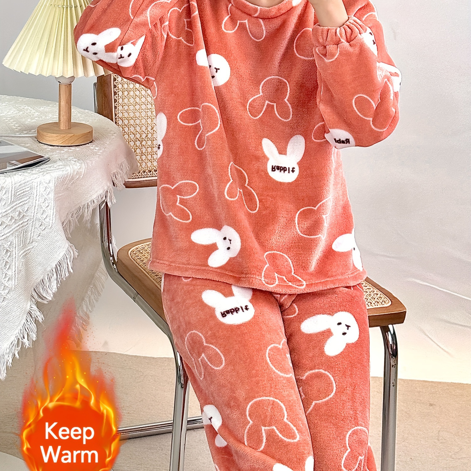 

Women's Cartoon Casual Fleece Pajama Set, Long Sleeve Round Neck Top & Pants, Comfortable Relaxed Fit For Fall & Winter