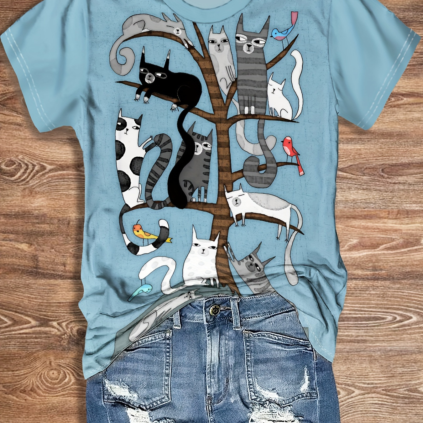 

Cat Print Crew Neck T-shirt, Casual Short Sleeve Top For Spring & Summer, Women's Clothing