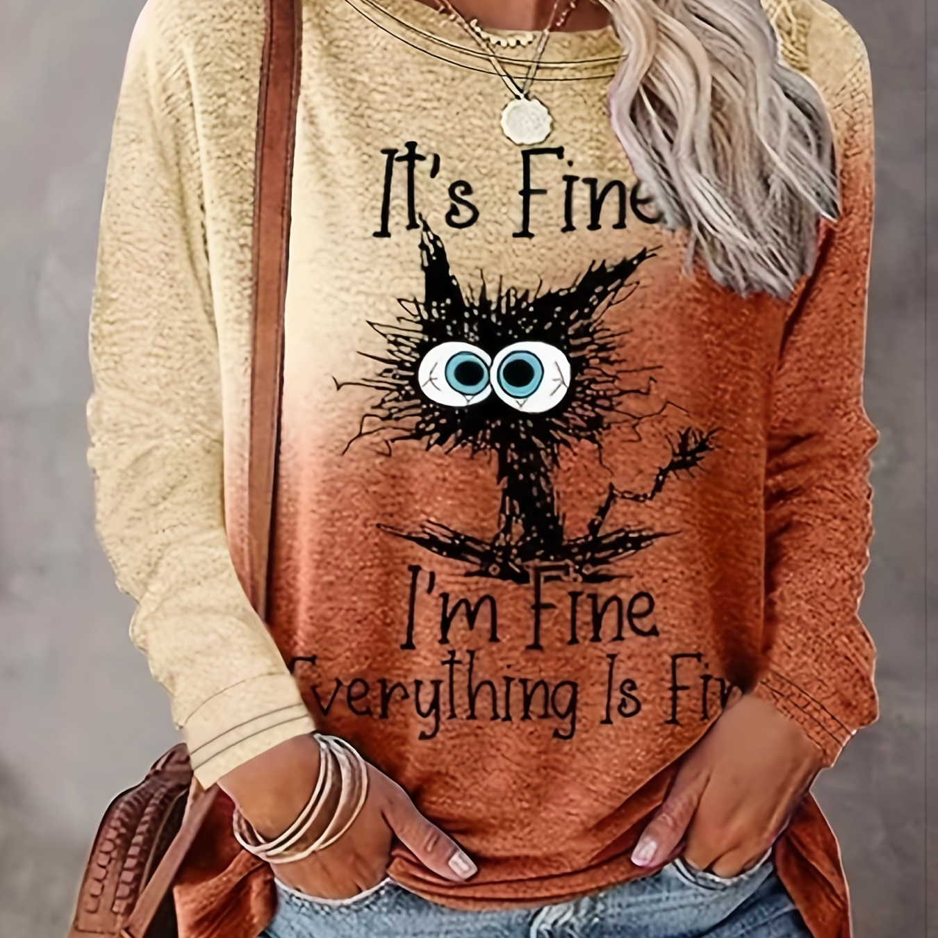 

Cat & Slogan Print Crew Neck T-shirt, Casual Long Sleeve T-shirt For Spring & Fall, Women's Clothing