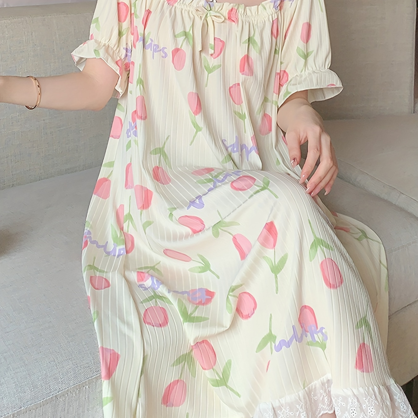 

Elegant Tulip Print Lace Trim Nightdress, Puff Sleeve Square Neck Midi Sleep Dress, Women's Sleepwear & Dresses
