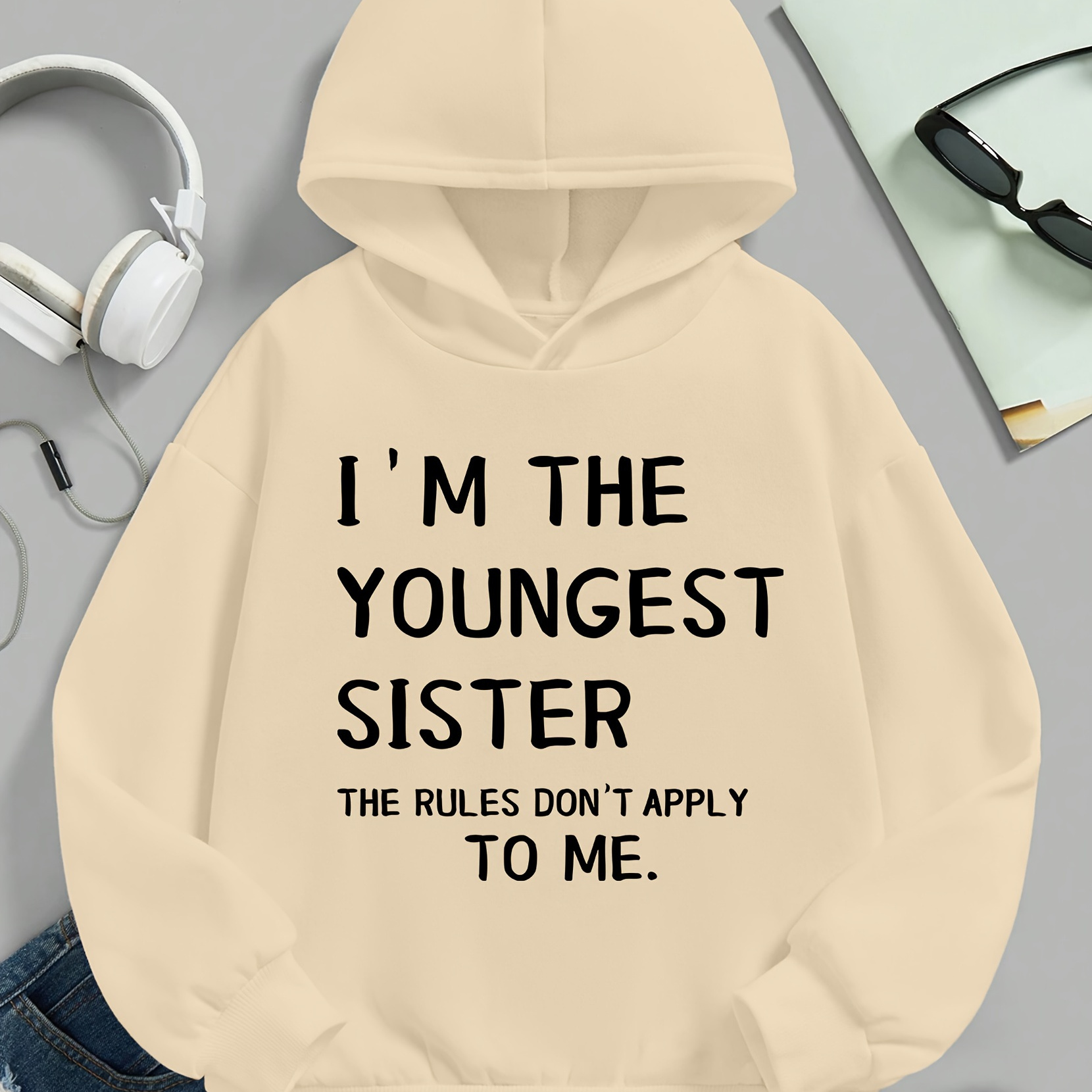 

I'm Youngest Sister Creative Print Girls' Casual Fashion Long Sleeve New Hooded Sweatshirt, Polyester, Relaxed Fit,