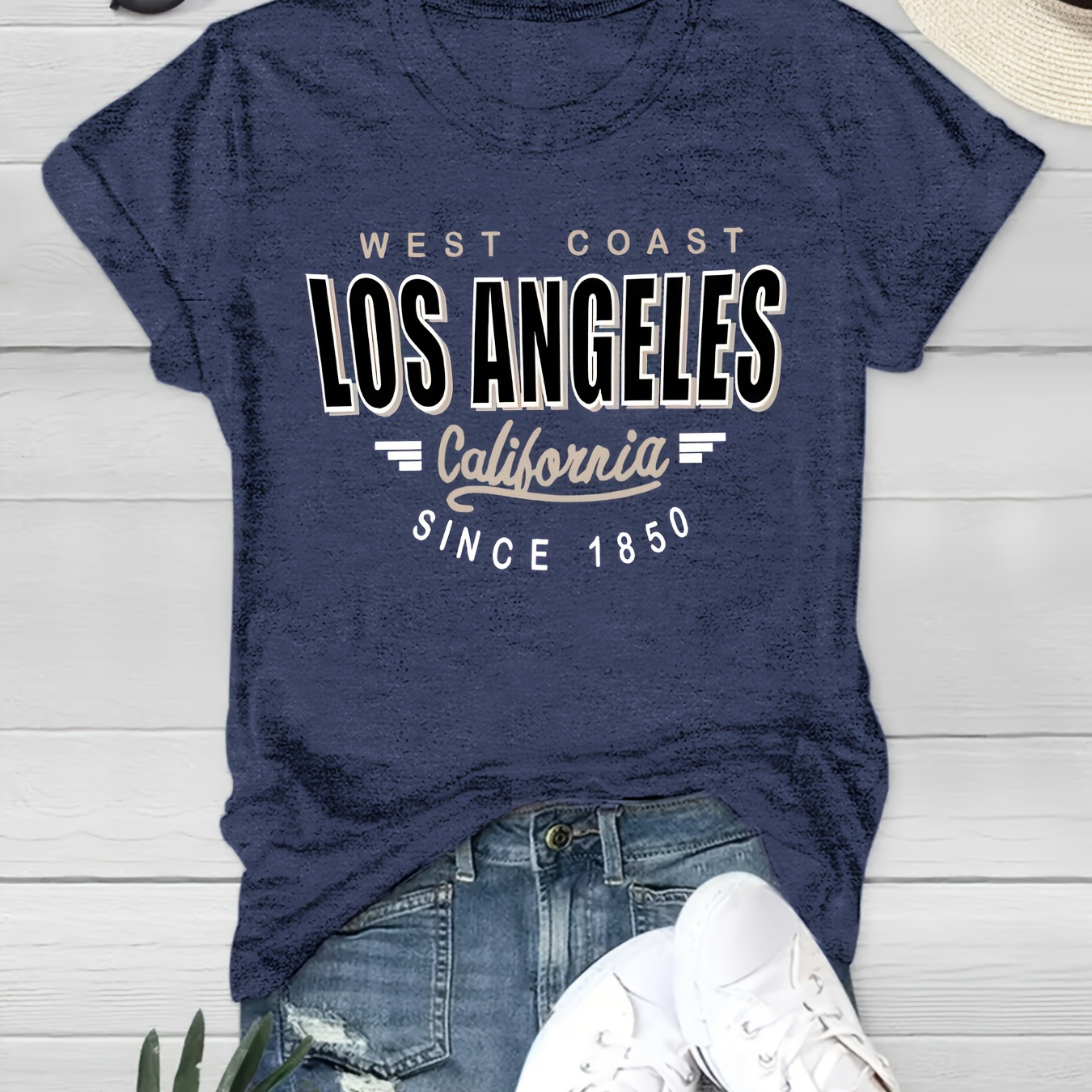 

Los Angeles Print Crew Neck T-shirt, Short Sleeve Casual Top For Summer & Spring, Women's Clothing