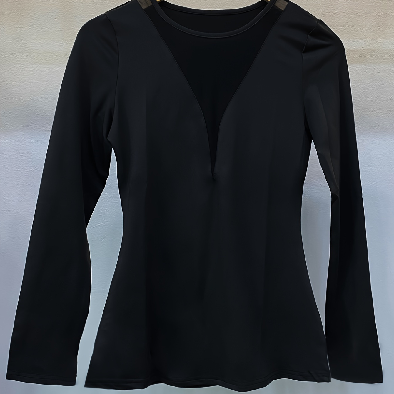 

Solid Mesh Splicing Crew Neck T-shirt, Versatile Long Sleeve T-shirt For Spring & Fall, Women's Clothing