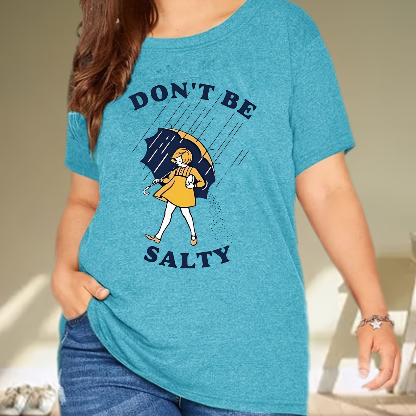 

Plus Size Cartoon & Letter Print T-shirt, Casual Short Sleeve Top For Spring & Summer, Women's Plus Size Clothing