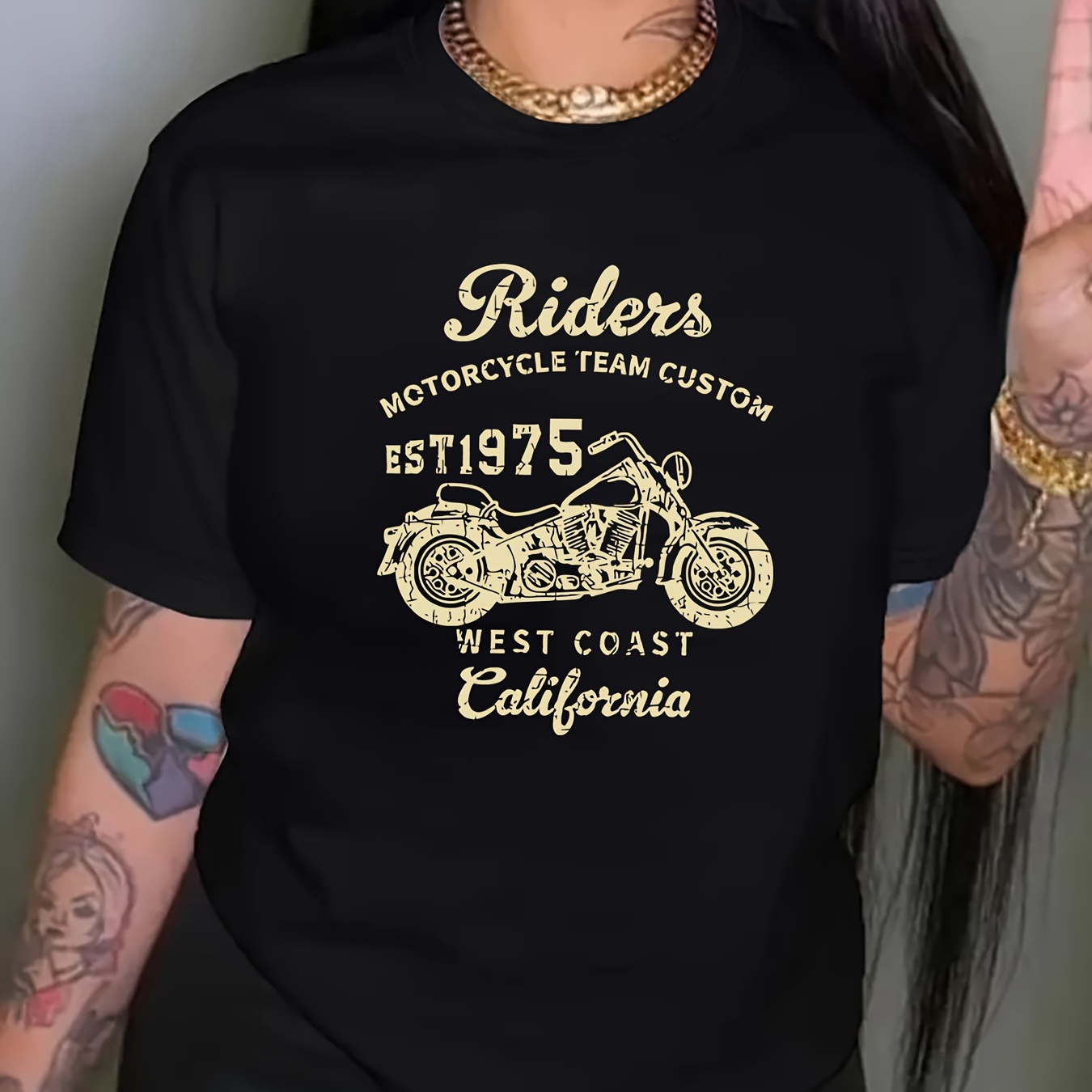 

Motorcycle & Letter Print Crew Neck T-shirt, Casual Short Sleeve Top For Summer & Spring, Women's Clothing