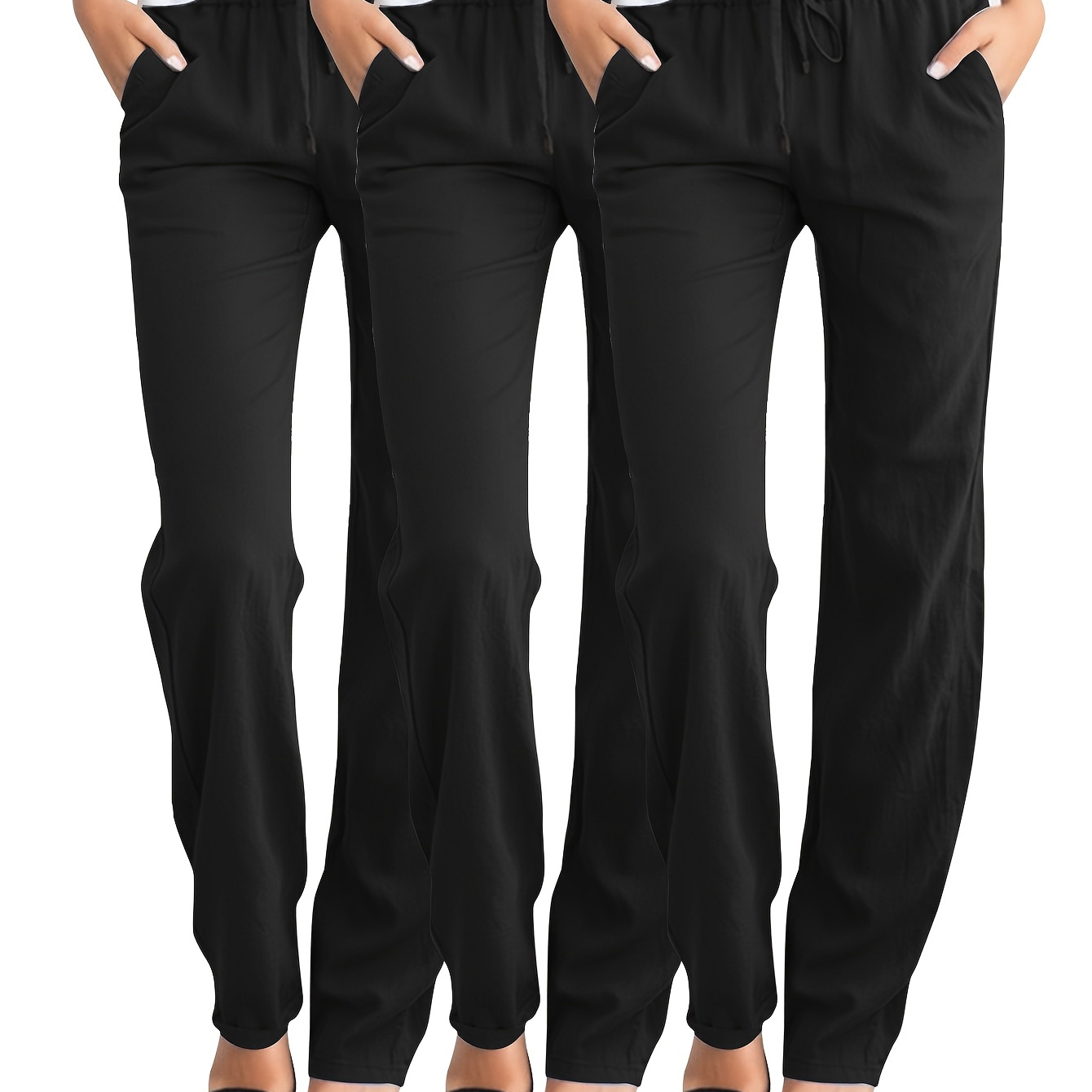 

Women's 3pcs Solid Color Wide Leg Pants With Waistband - Casual & Sporty, Machine Washable