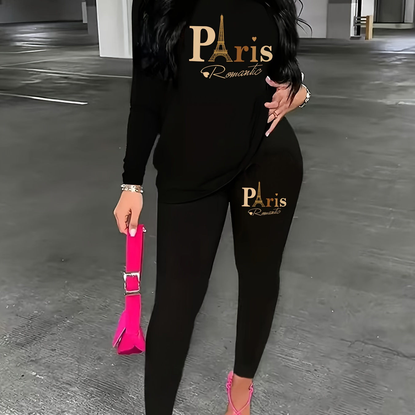 

Letter Print Casual Pantsuits, Crew Neck Long Sleeve Top & Skinny Pants Outfits, Women's Clothing