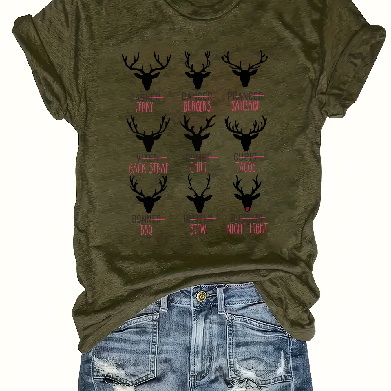 

Plus Size Deer Print T-shirt, Casual Crew Neck Short Sleeve T-shirt, Women's Plus Size clothing