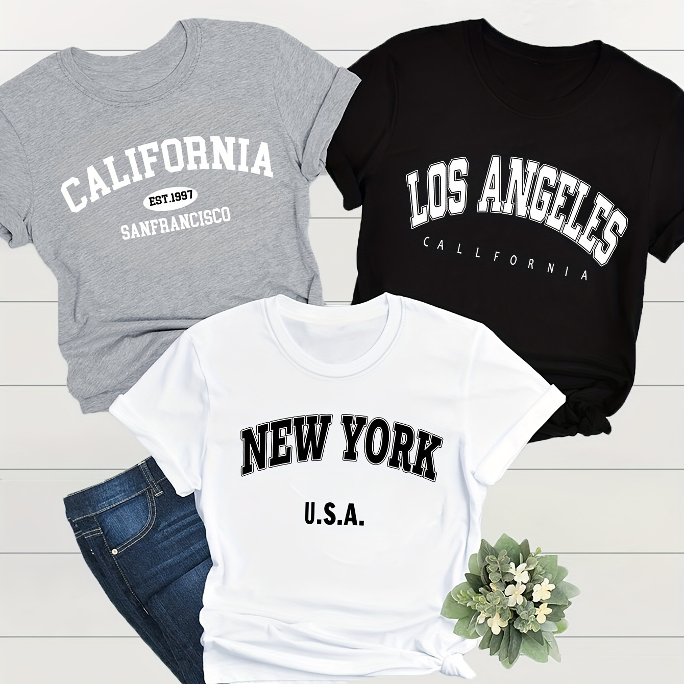 

3pcs Letter Neck T-shirt, Casual Short Sleeve Top For , Women's Clothing