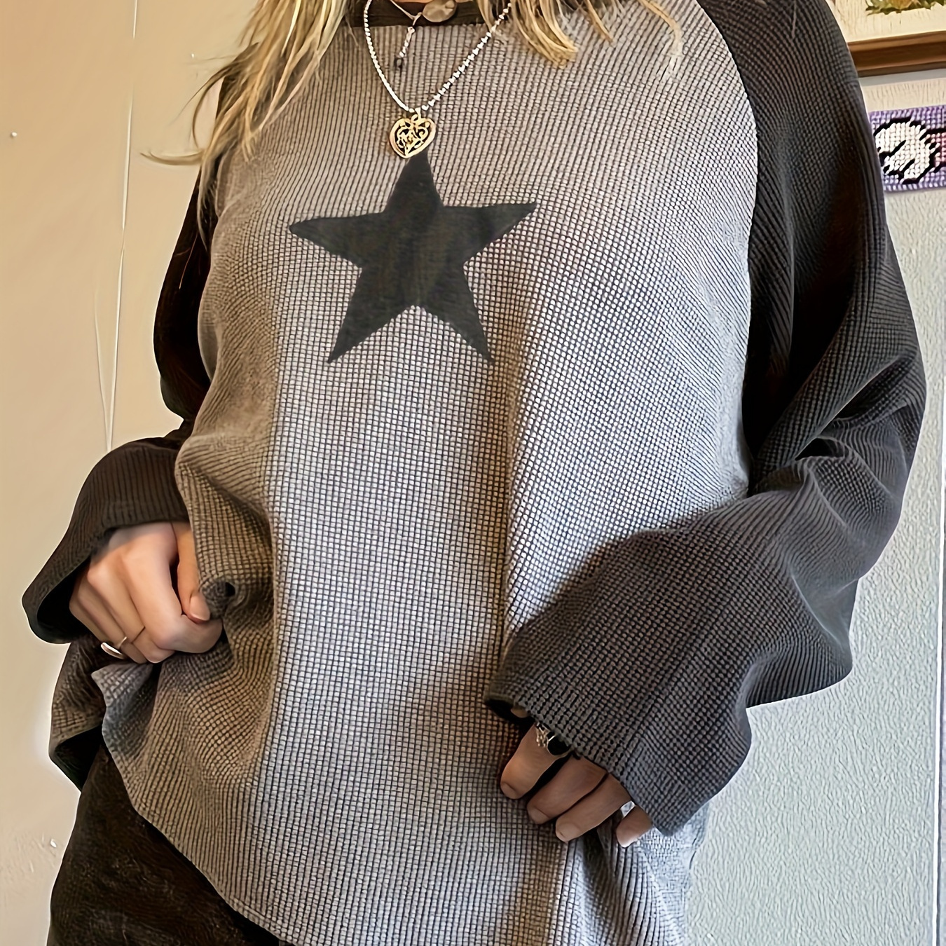 

Star Neck T-shirt, Y2k Raglan Long Sleeve Top For Spring & Fall, Women's Clothing