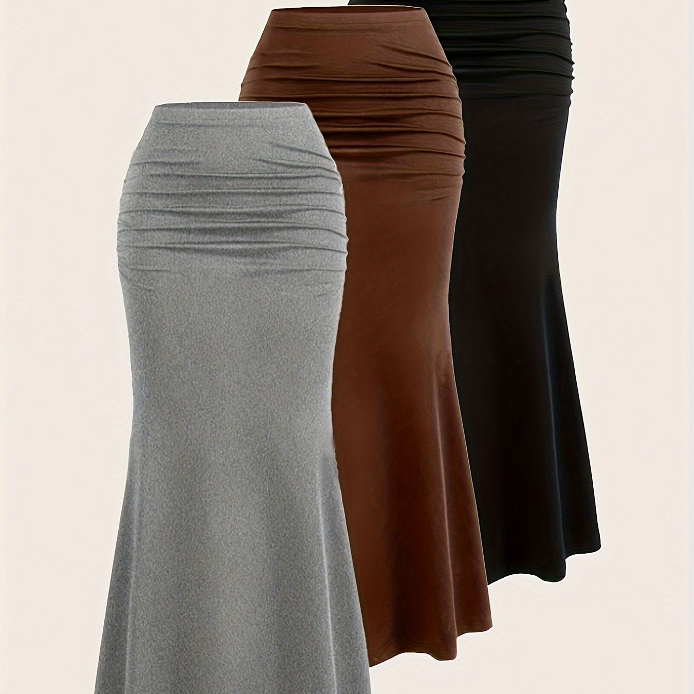 

3 Pack Solid Bodycon Skirt, Elegant Side Ruched High Waist Skirt For Fall & Winter, Women's Clothing