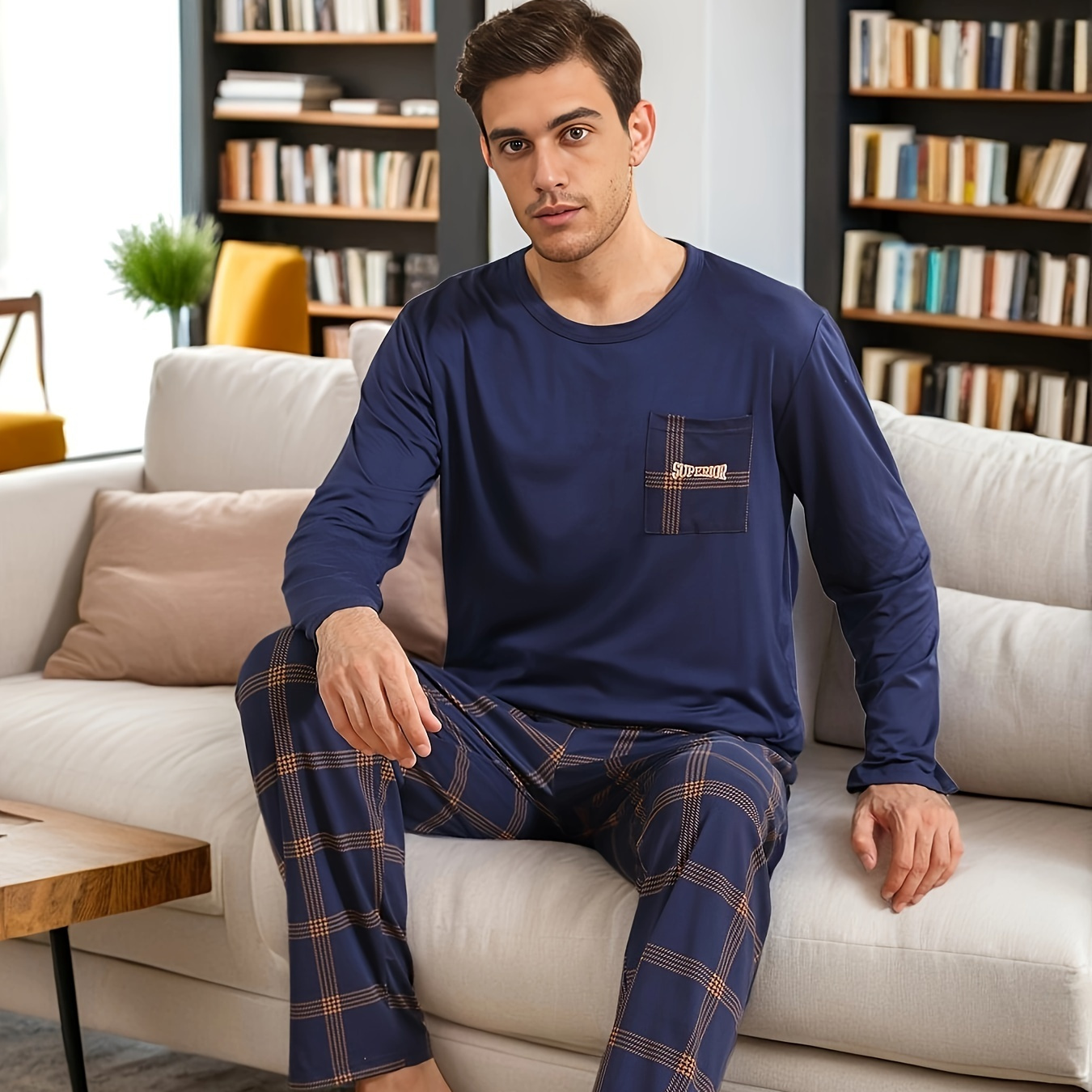 

Ensemble Pyjama Décontracté à Rayures pour Hommes - Manches Longues & Pantalon, Mélange de Polyester Respirant, Lavable en Machine - pour /Automne