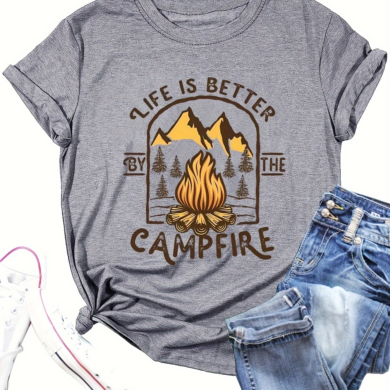 

Camping Print T-shirt, Casual Short Sleeve Crew Neck Top For Spring & Summer, Women's Clothing