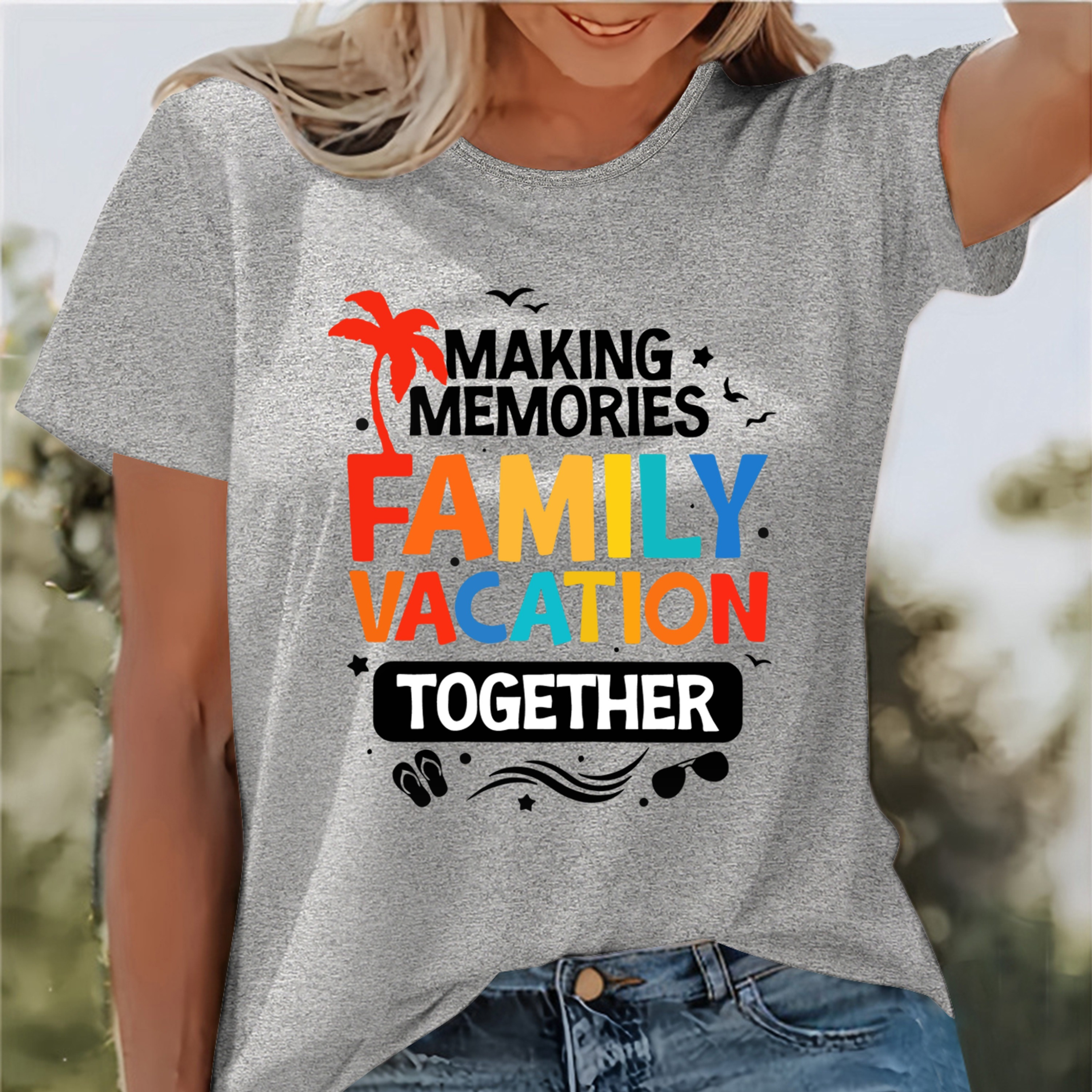 

Family Vacation Print Crew Neck T-shirt, Short Sleeve Casual Top For Summer & Spring, Women's Clothing