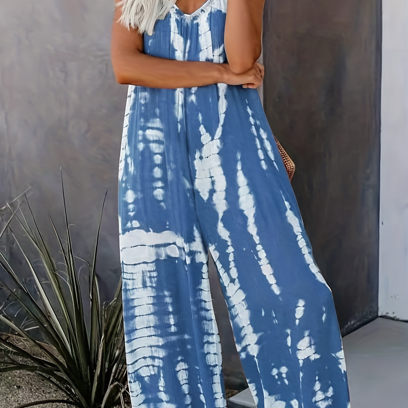 

Boho Tie Dye Wide Leg Cami Jumpsuit, Boho Casual V Neck Backless Pocket Cami Jumpsuit, Women's Clothing