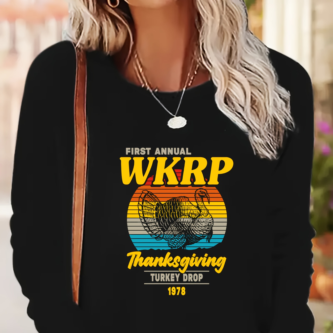 

Thanksgiving Themed Graphic Crew Neck Long Sleeve T-shirt With Turkey Drop Applique, 100% Polyester Knit Fabric, - All