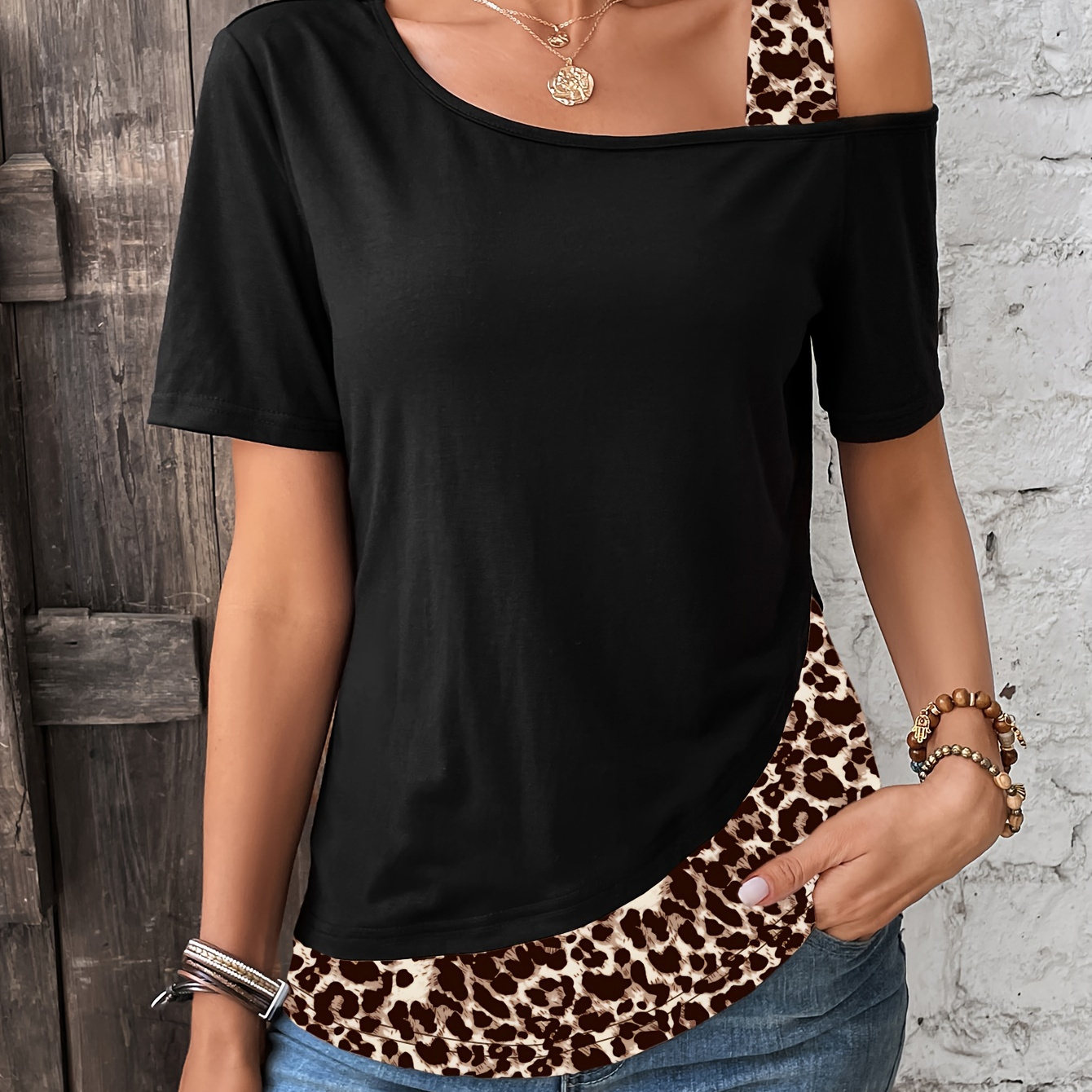 

Color Block Leopard Print T-shirt, Elegant Cold Shoulder Asymmetrical Neck Short Sleeve Backless Top, Women's Clothing