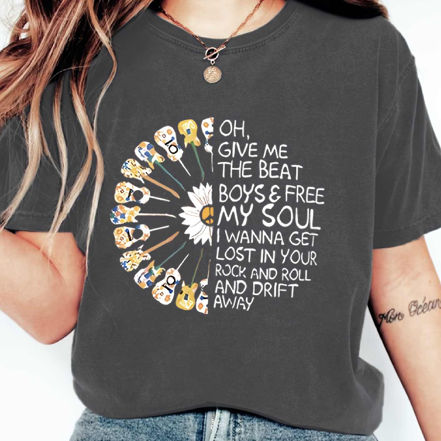 

Guitars & Drift Away Lyrics Print T-shirt, Casual Crew Neck Short Sleeve T-shirt For Spring & Summer, Women's Clothing