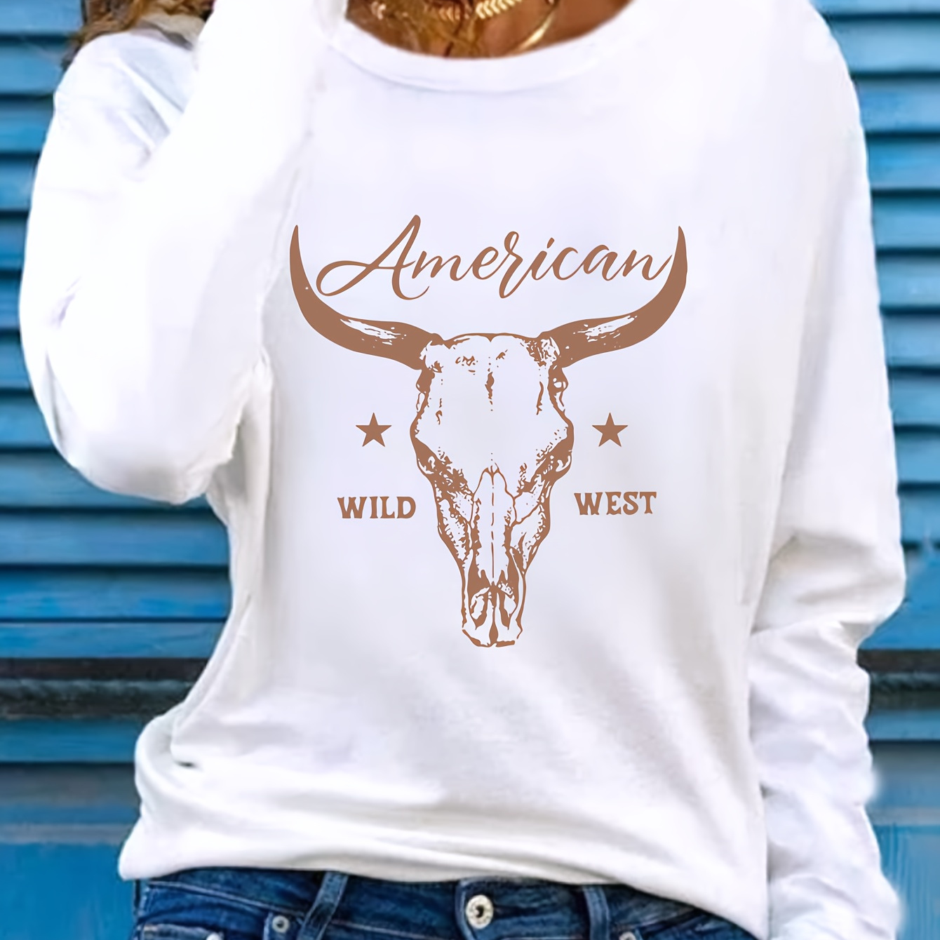 

Women's "american Wild West" Bull Skull Graphic T-shirt - Casual Long Sleeve Crew Neck, Polyester Top For Spring & Fall, Machine Washable