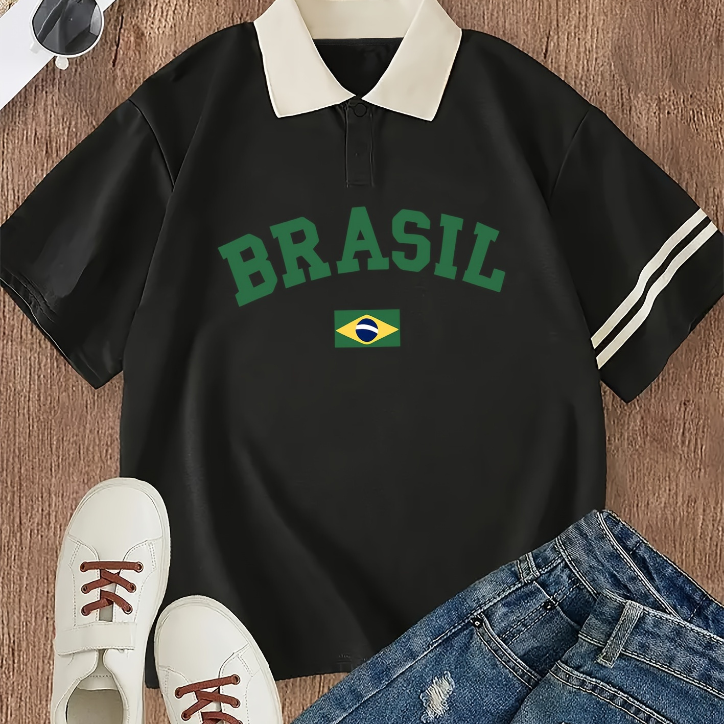 

Letter Print Loose Polo Shirt, Casual Short Sleeve Lapel T-shirt, Women's Clothing